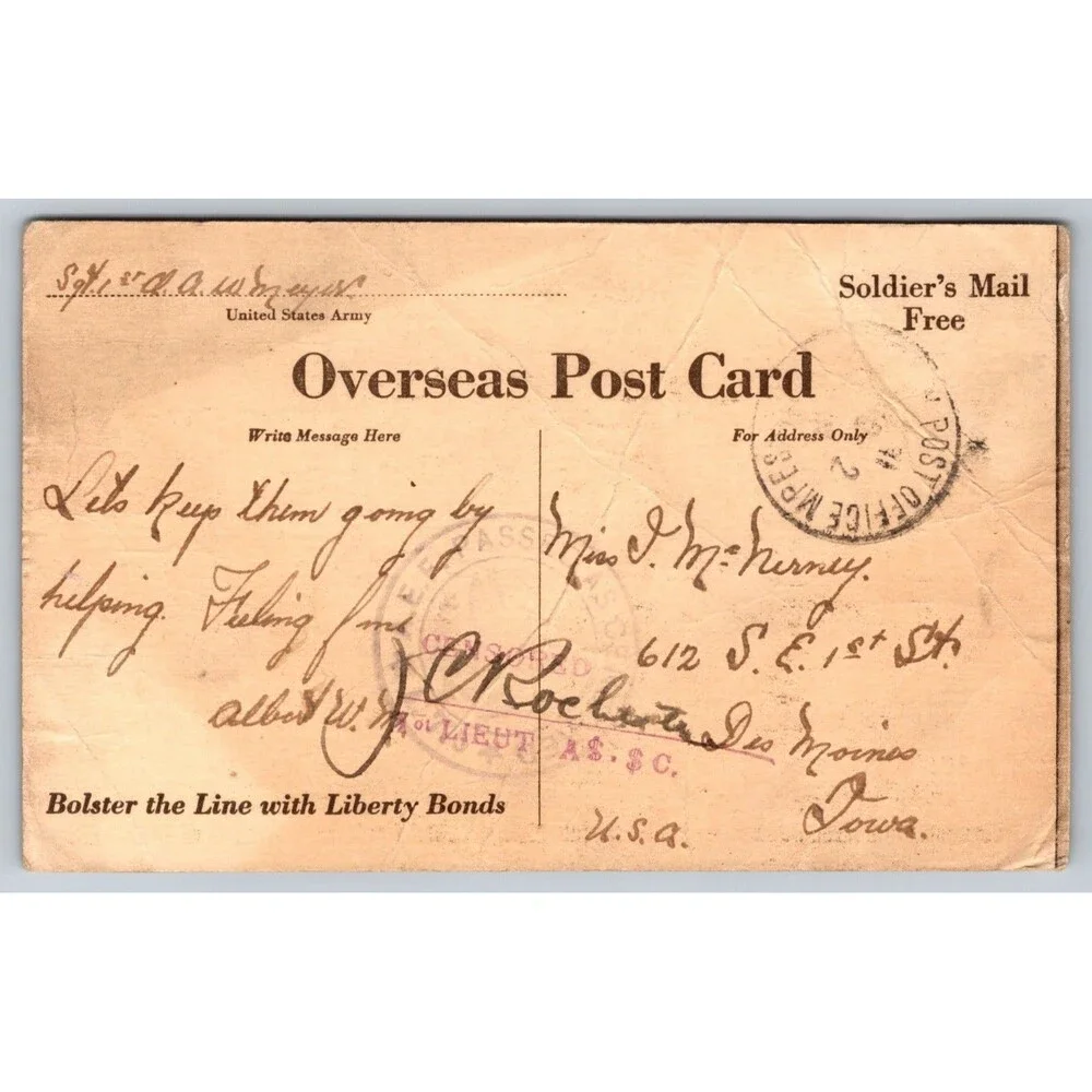 WWI 1918 US Army Tank Postcard Censored Soldier Mail Huns Don't Like These Tanks
